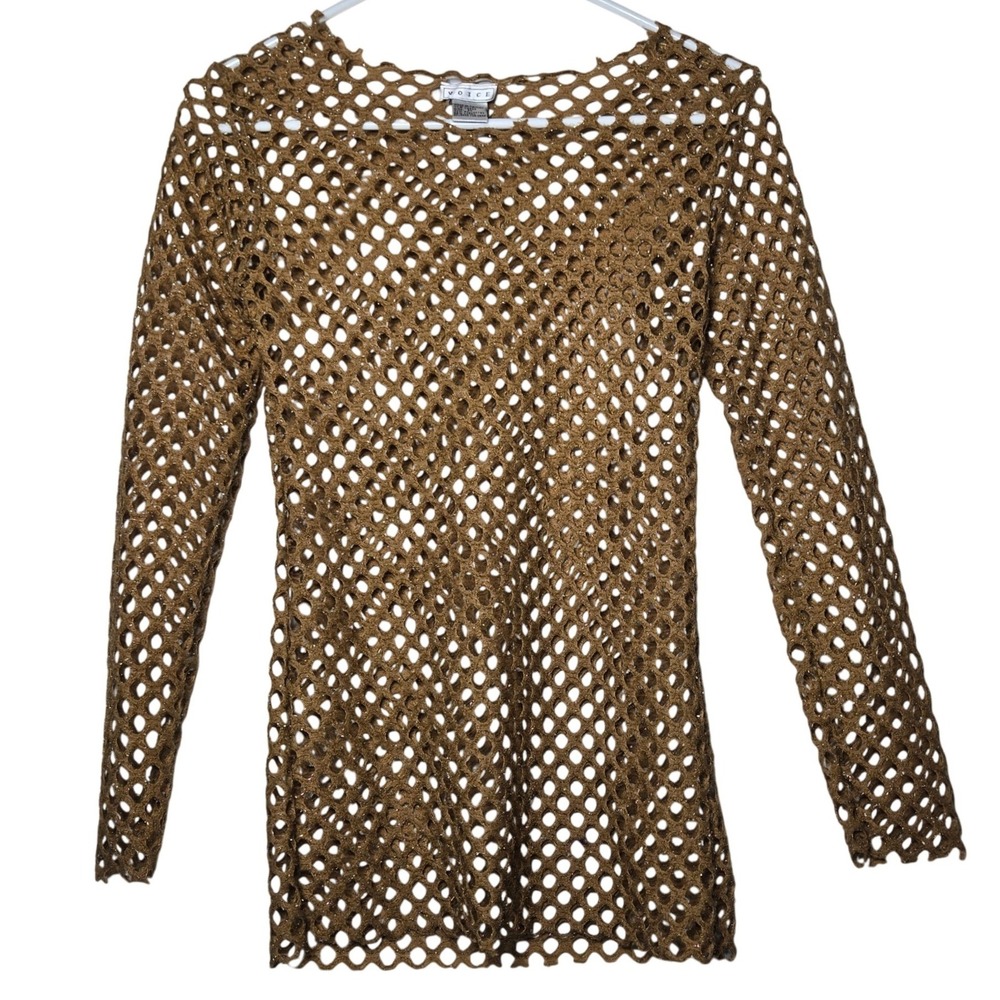 Voice Womens Metallic Mesh Open Knit Crochet Long Sleeve Top Medium y2k Fishnet